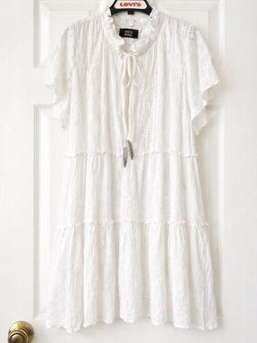 VICI White Eyelet Lace Mini Dress Cottagecore Boho Tiered Small